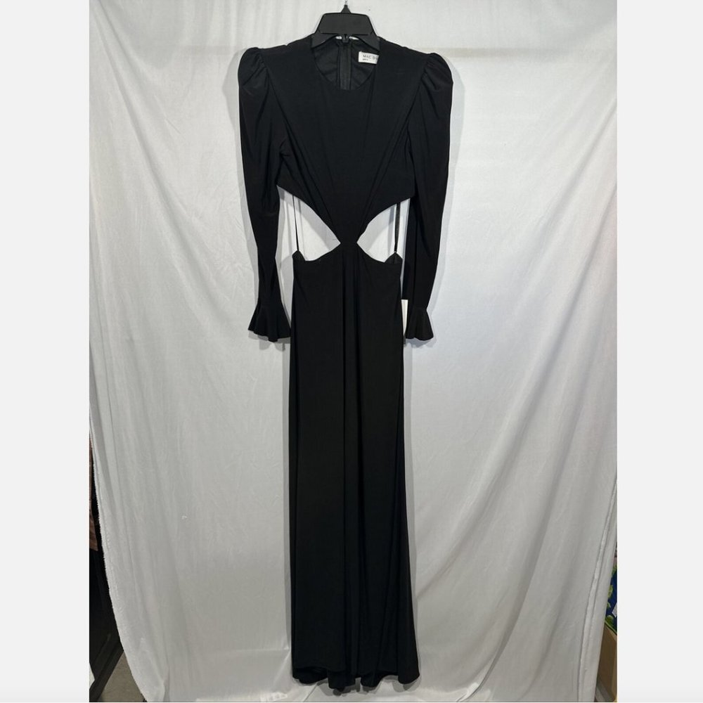 NWT $398 Mac Duggal Long Sleeve‎ Puff Shoulder Cut Out Gown Black [ SZ 6 ] #Q449 - Picture 2 of 16